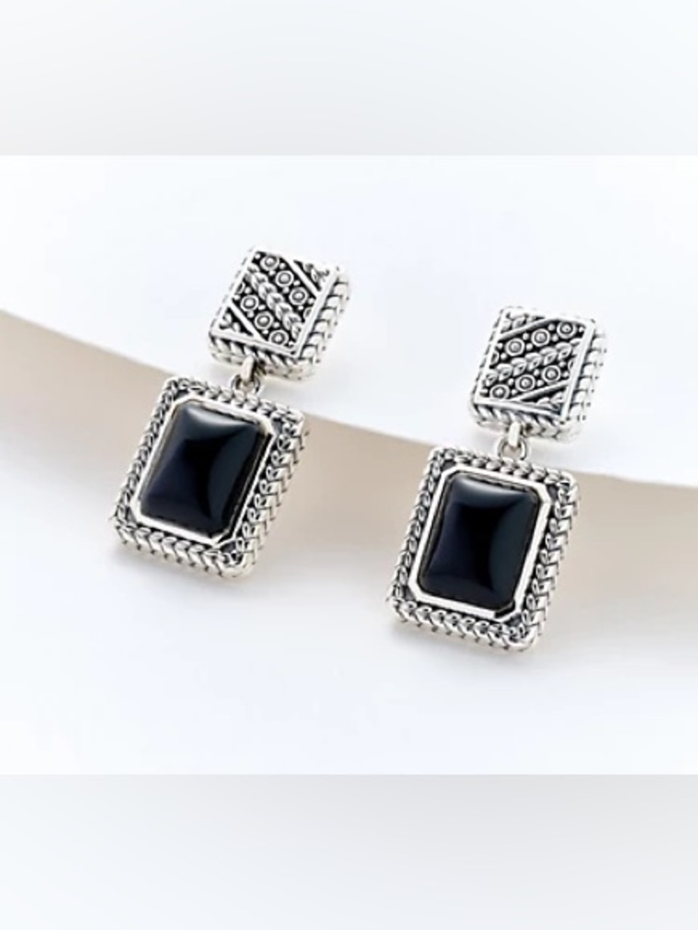 JAI Sterling Silver Black Onyx Square Cabochon Drop Earrings (NEW)